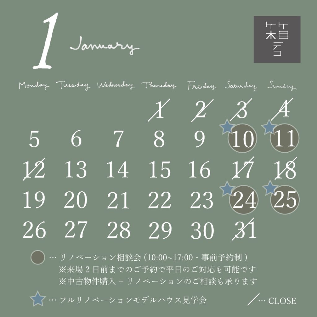 1月の箱デコカレンダー　スケジュール