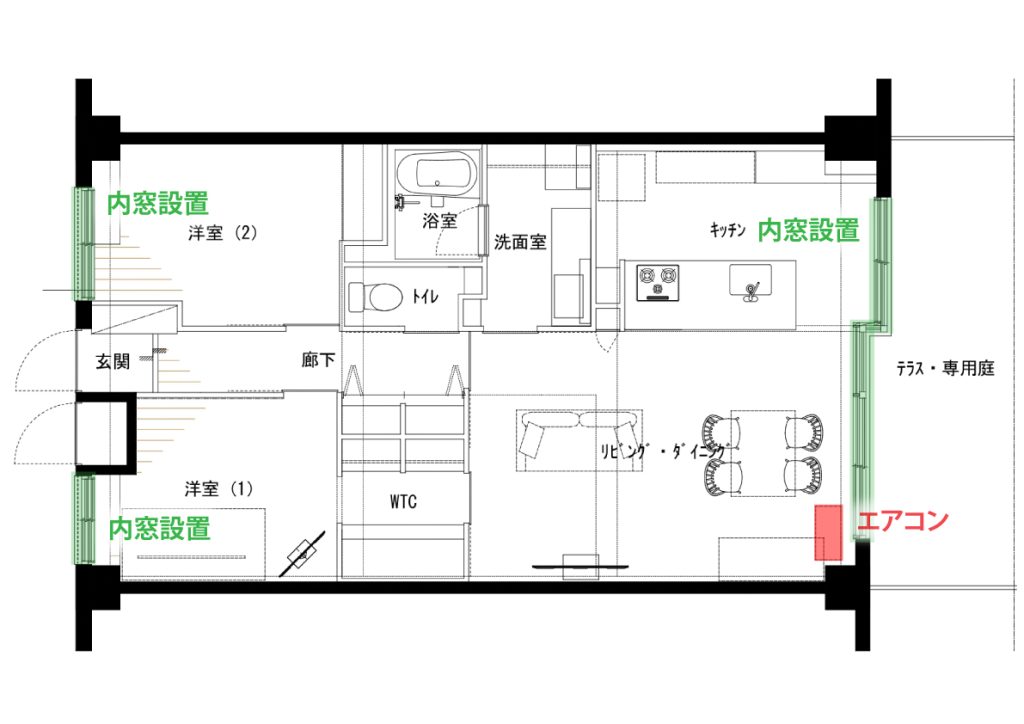 間取り図に内窓を設置した場所を示したもの